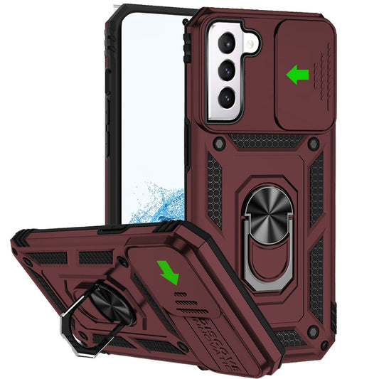 For Samsung Galaxy S22 Ultra Hybrid Case with Stand, Camera Lens Protection & 360° Rotate Ring, Shockproof, Soft Bumper Burgundy Phone Case Cover