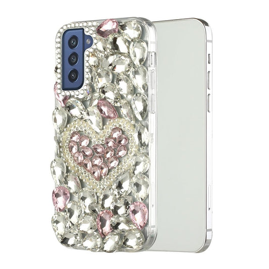 For Samsung Galaxy S21 Ultra Bling Clear Crystal 3D Full Diamonds Luxury Sparkle Rhinestone Hybrid Protective Pink Pearl Heart Phone Case Cover