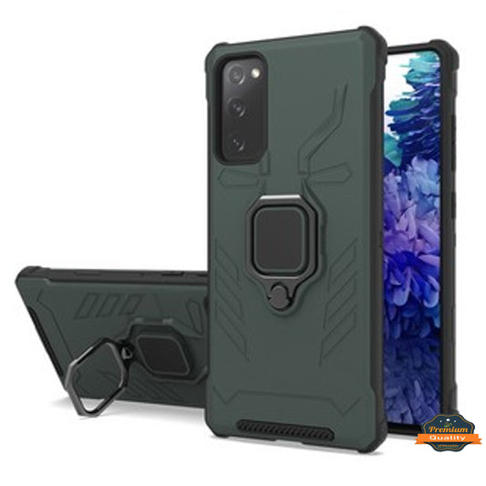 For Samsung Galaxy S20 FE /Fan Edition 5G Shock-Proof Magnetic Car Mount Kickstand Ring Texture Rugged Hybrid Dual Layer Green Phone Case Cover