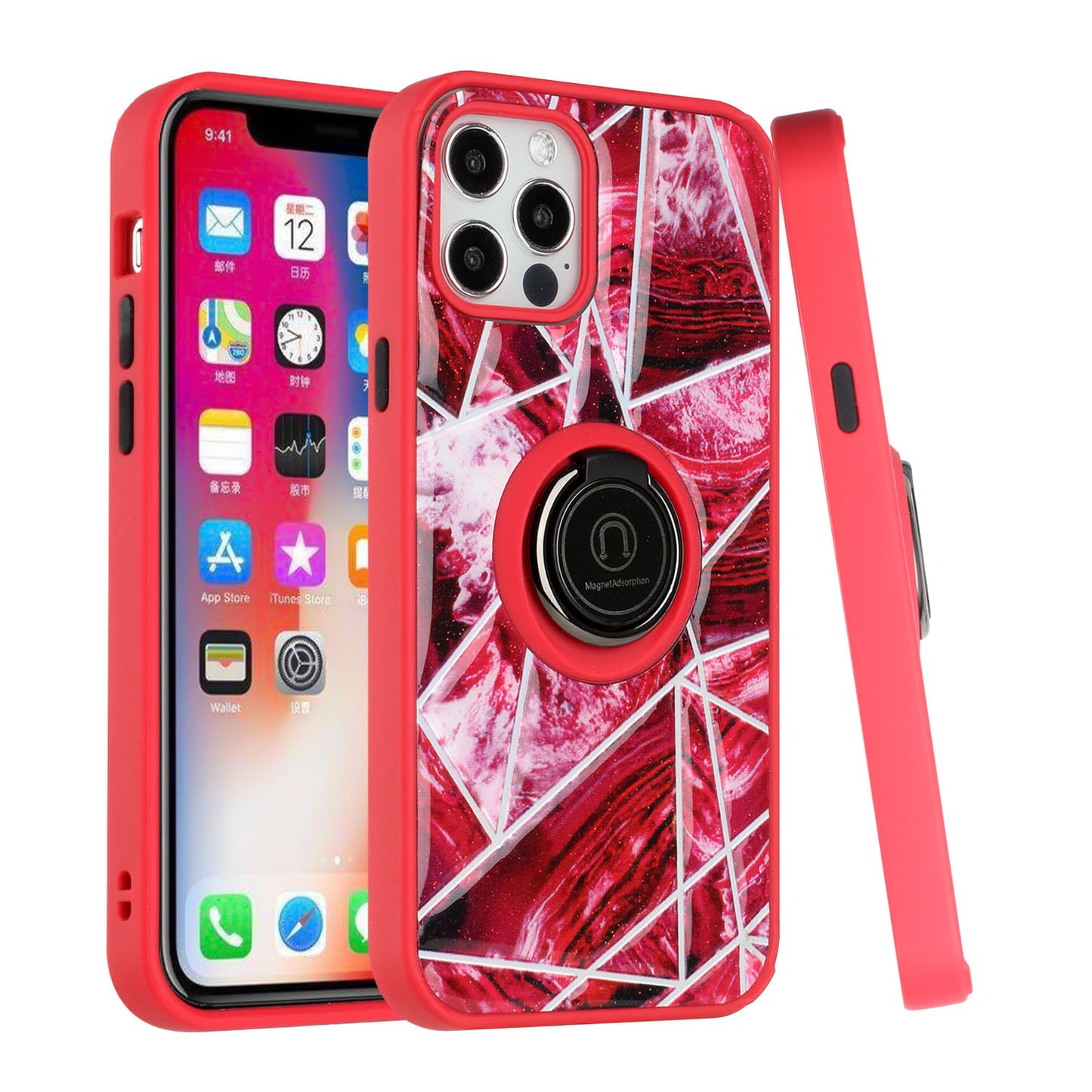 For Apple iPhone 11 (6.1") Marble Pattern Design with Magnetic Ring Kickstand Hybrid Hard Back Shockproof  Phone Case Cover
