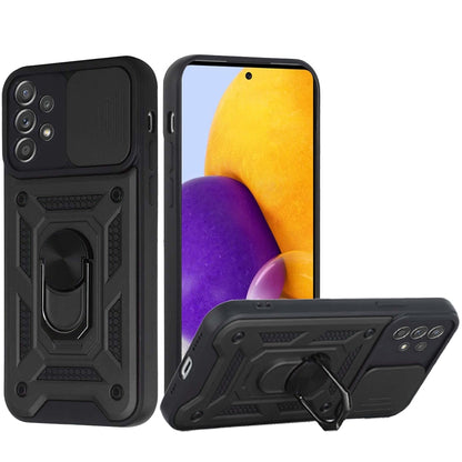 For Samsung Galaxy A73 5G Hybrid Cases with Slide Camera Lens Cover and Ring Holder Kickstand Rugged Dual Layer Heavy Duty  Phone Case Cover