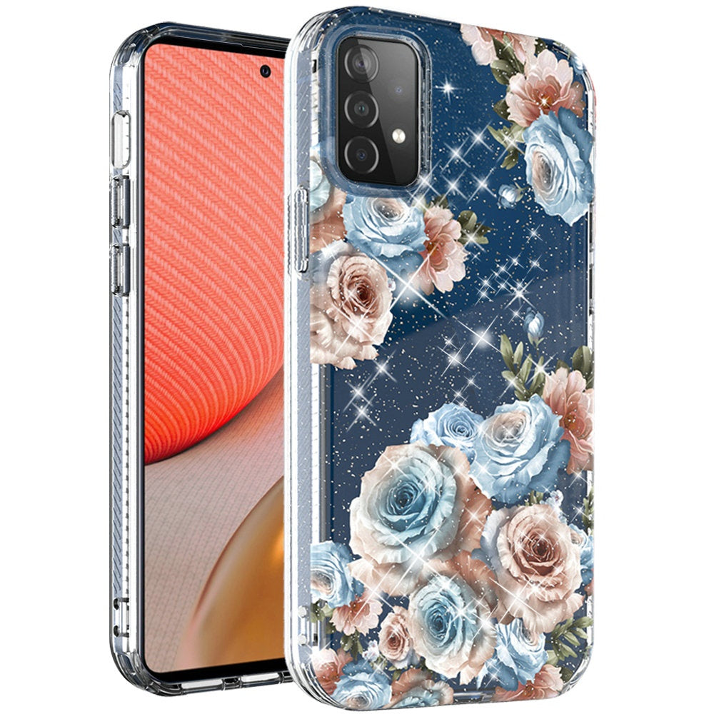 For Samsung Galaxy A72 5G Slim Hybrid Shiny Glitter Clear Floral Pattern Bloom Flower Design TPU Gel Hard PC Back  Phone Case Cover
