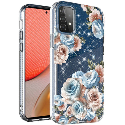 For Samsung Galaxy A72 5G Slim Hybrid Shiny Glitter Clear Floral Pattern Bloom Flower Design TPU Gel Hard PC Back  Phone Case Cover
