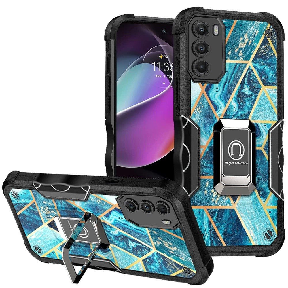 For Motorola Moto G 5G 2022 Marble IMD Design Hybrid Armor with Magnetic Ring Stand Kickstand Heavy Duty Shockproof  Phone Case Cover
