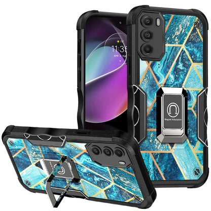 For Motorola Moto G 5G 2022 Marble IMD Design Hybrid Armor with Magnetic Ring Stand Kickstand Heavy Duty Shockproof  Phone Case Cover
