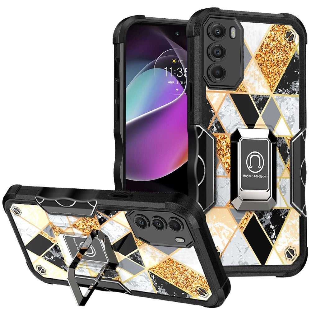 For Motorola Moto G 5G 2022 Marble IMD Design Hybrid Armor with Magnetic Ring Stand Kickstand Heavy Duty Shockproof  Phone Case Cover