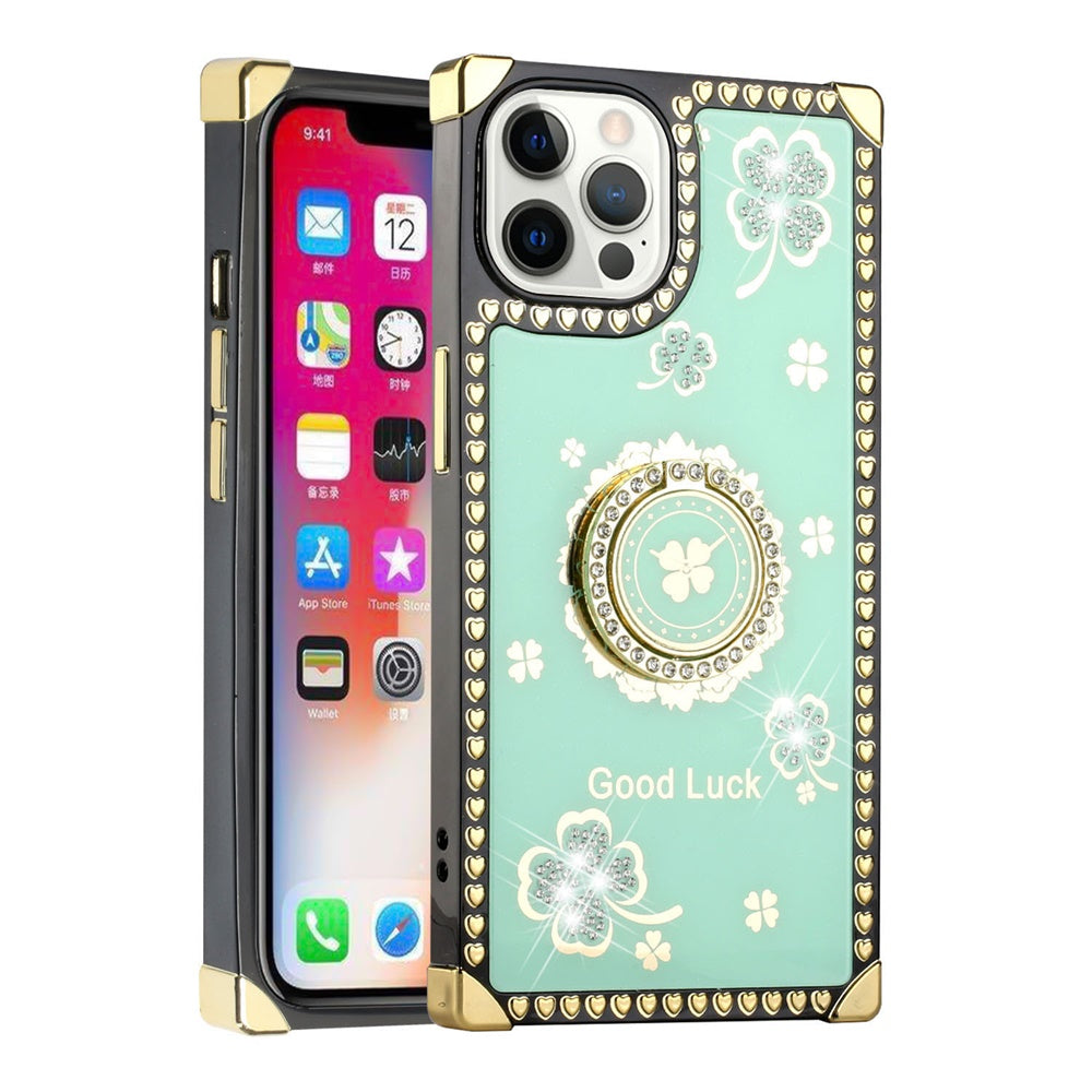 For Apple iPhone 13 Pro Max (6.7") Fashion Square Hearts Diamond Bling Sparkly Glitter Ornaments with Ring Stand  Phone Case Cover