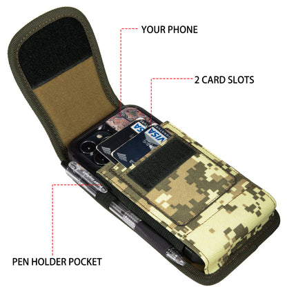 For Samsung Galaxy A23 5G Universal Pouch Case Vertical Phone Holster Camouflage with Card Slots, Pen Holder, Belt Clip Loop & Hook Cover [Army Camo]