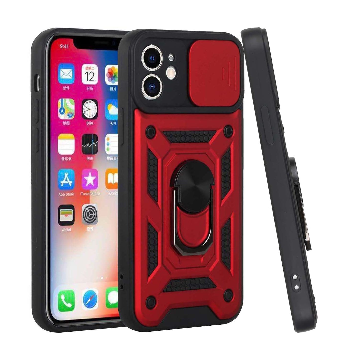 For Apple iPhone 14 (6.1") Hybrid Cases with Slide Camera Lens Cover, Ring Holder Kickstand Rugged Dual Layer  Phone Case Cover