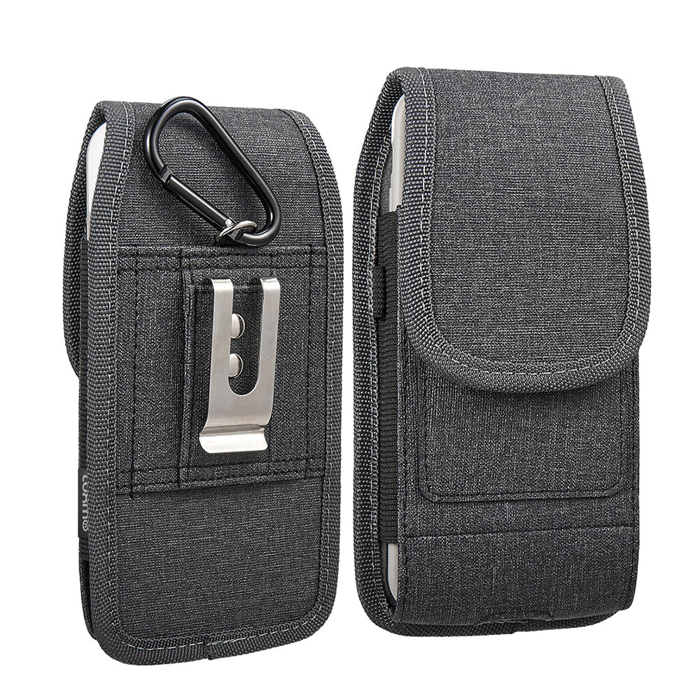 For Samsung Galaxy A23 5G Universal Vertical Fabric Case Holster with Dual Credit Card Slots, Belt Loop & Carabiner Carrying Phone Pouch [Black]