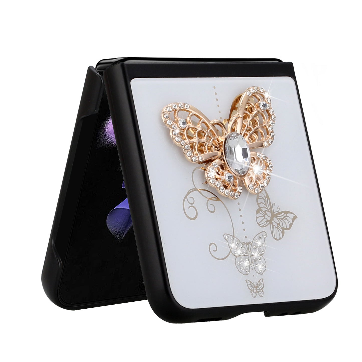 For Samsung Galaxy Z Flip 4 5G 3D Diamond Bling Sparkly Glitter Ornaments Engraving Hybrid Metal Fashion White Garden Butterflies Phone Case Cover