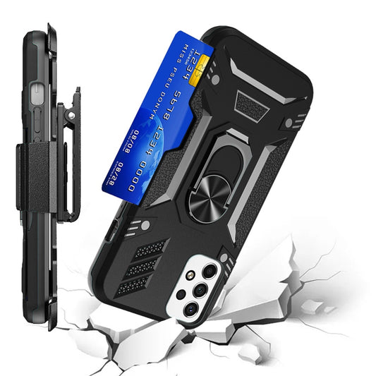 For Samsung Galaxy A23 5G Wallet Case with Invisible Credit Card Holder, 3 in 1 Combo Holster Clip and Ring Kickstand Black Phone Case Cover