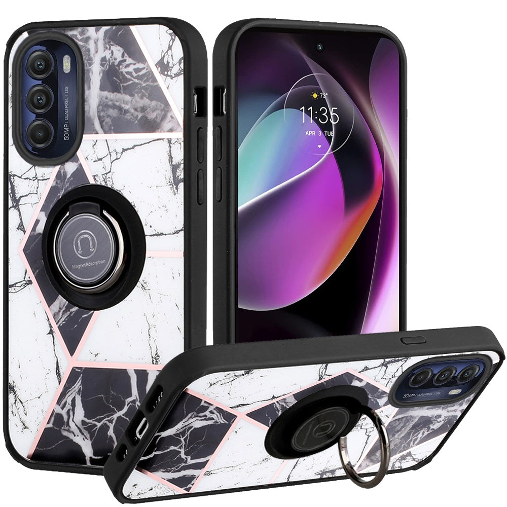 For Motorola Moto G 5G 2022 Marble Design with Magnetic Ring Kickstand Holder Hybrid TPU Hard PC Shockproof Armor Classy Black Phone Case Cover