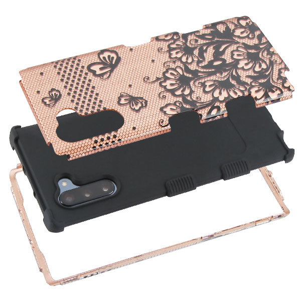 For Samsung Galaxy S10 5G (6.7") Hybrid Three Layer Hard PC Shockproof Heavy Duty TPU Rubber Anti-Drop Rose Gold Lace Flowers Phone Case Cover