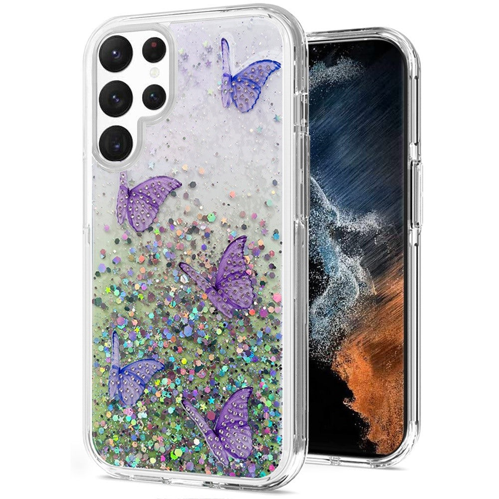For Samsung Galaxy S22 Ultra Butterflies Glitter Bling Shiny Sparkle Glittering Flake Hybrid Hard PC TPU Silicone Slim  Phone Case Cover