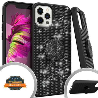 For Apple iPhone 14 (6.1") Luxury Glitter Sparkle Bling Rugged Hybrid Slim with Collapsible Stand Ring Holder Hard Shell  Phone Case Cover