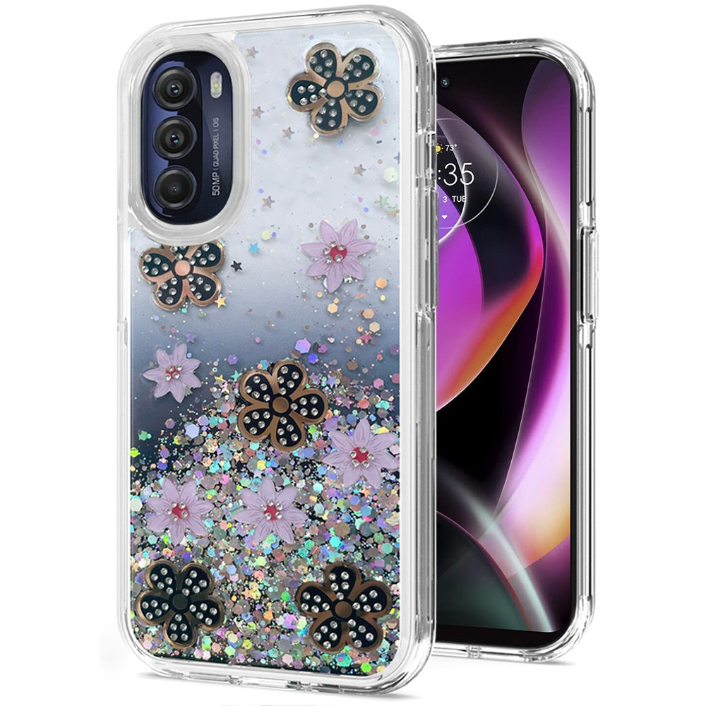 For Motorola Moto G 5G 2022 Floral Stylish Design Glitter Shiny Hybrid Rubber TPU Hard PC Shockproof Armor Slim Fit  Phone Case Cover
