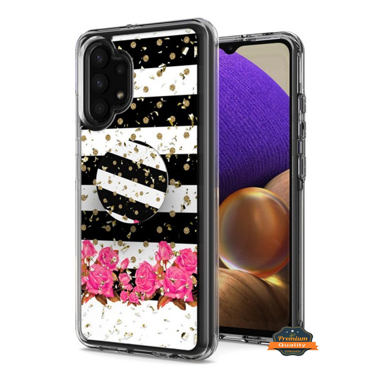 For Samsung Galaxy A32 5G Elegant Pattern Design Glitter Hybrid with Ring Stand Pop Up Finger Holder Kickstand  Phone Case Cover