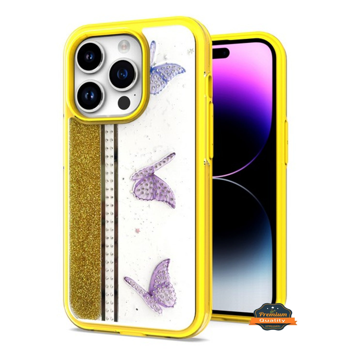 For Apple iPhone 14 /Plus Pro Max Butterflies Design Bling Glitter Shockproof Hybrid TPU Frame and Hard Back Slim  Phone Case Cover