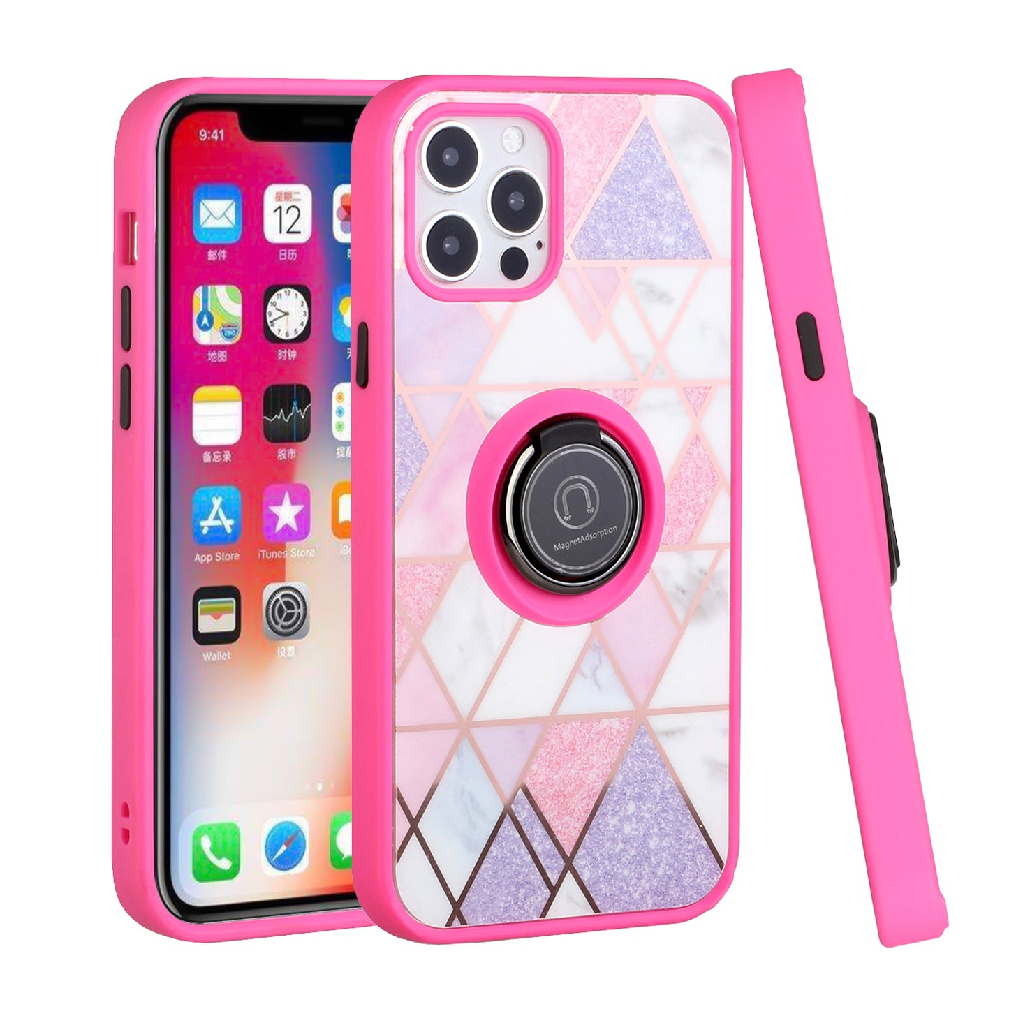 For Apple iPhone 13 /Pro Max Mini Unique Marble Design with Magnetic Ring Kickstand Holder Hybrid TPU Hard PC Shockproof Armor Bumper  Phone Case Cover