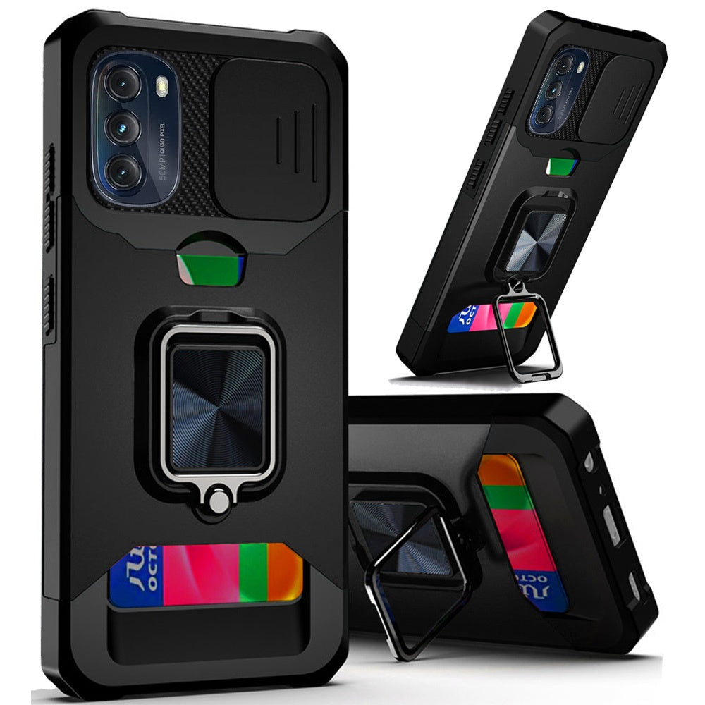 For Motorola Moto G 5G 2022 Wallet Case with Ring Stand & Slide Camera Cover Credit Card Holder, Military Grade Hard  Phone Case Cover