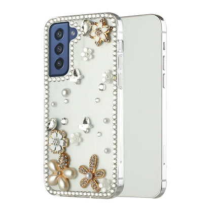 For Samsung Galaxy S21 Ultra Bling Clear Crystal 3D Full Diamonds Luxury Sparkle Rhinestone Hybrid Protective White Flower Butterfly Phone Case Cover