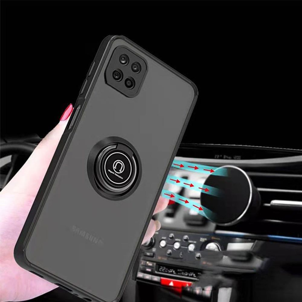 For Boost Mobile Celero 5G Hybrid Frosted Protector Magnetic Ring Holder Stand Kickstand Heavy Duty Rugged 2 in 1 PC + TPU Black Phone Case Cover