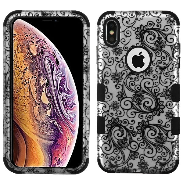 For Apple iPhone XS Max Stylish Hybrid Three Layer Hard PC Shockproof Heavy Duty TPU Rubber Anti-Drop Black Leaf Clover Flower Phone Case Cover