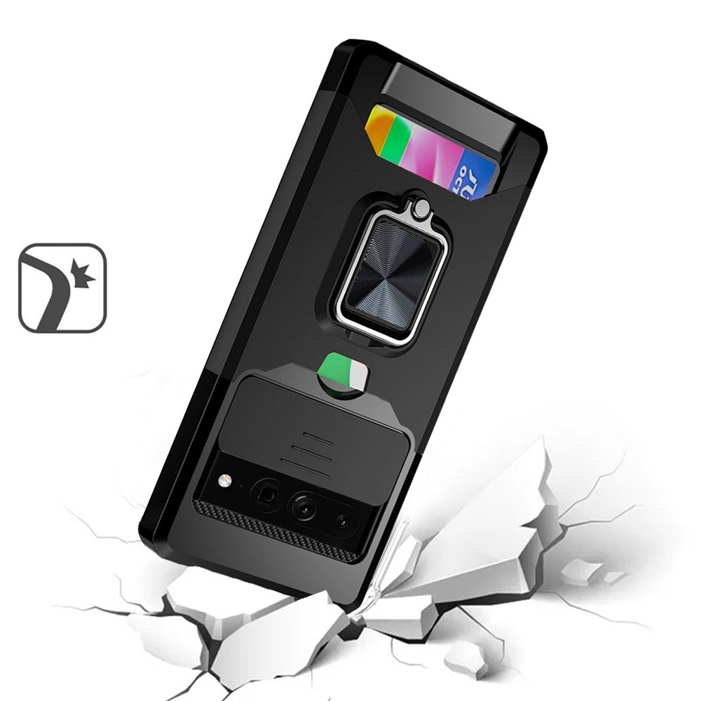 For Apple iPhone 11 (6.1") Wallet Case with Ring Stand & Slide Camera Cover Credit Card Slot Holder, Military Grade Hard  Phone Case Cover