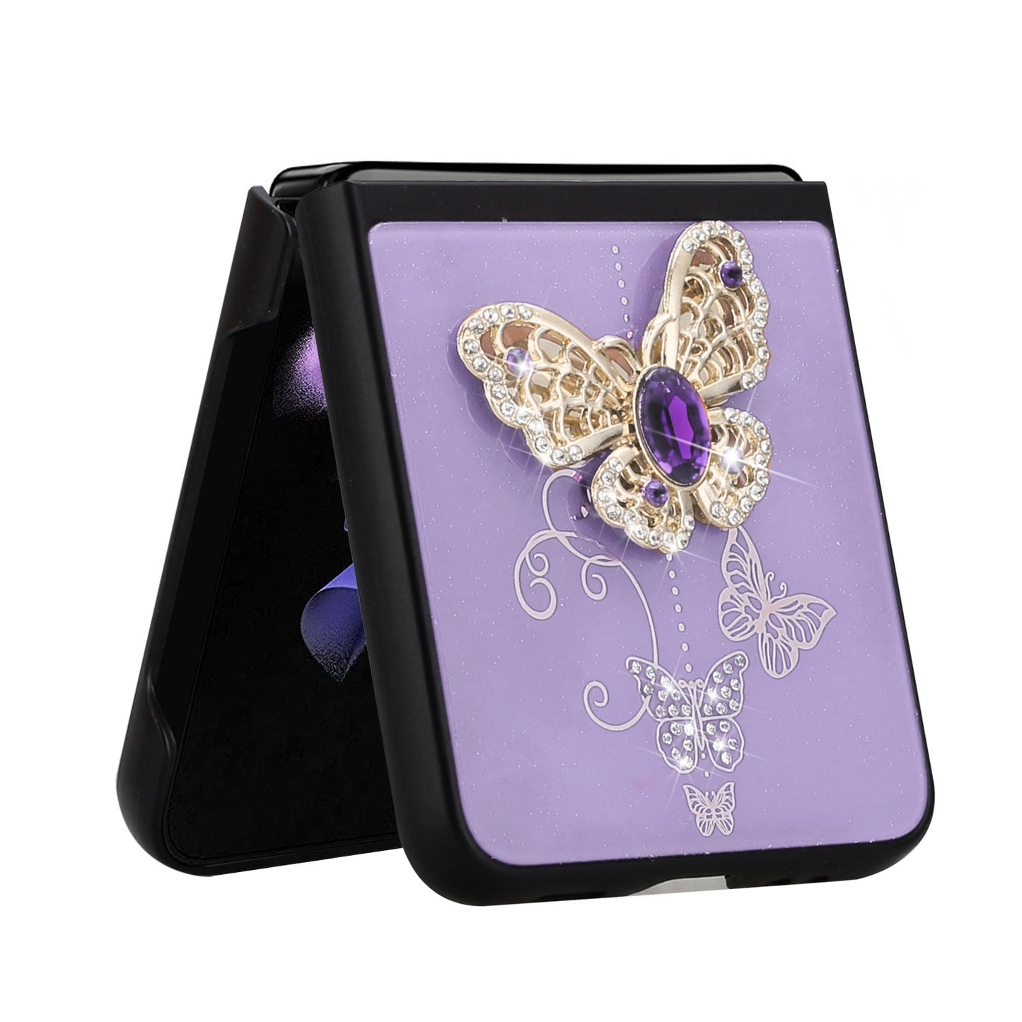 For Samsung Galaxy Z Flip 4 5G 3D Diamond Bling Sparkly Glitter Ornaments Engraving Hybrid Metal Fashion Purple Garden Butterflies Phone Case Cover