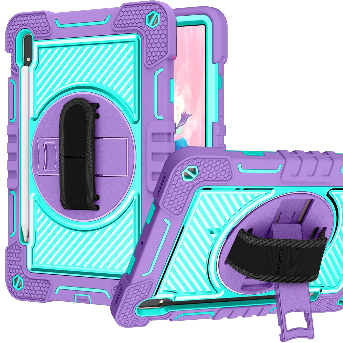 For Apple iPad 10th Gen 2022 Hybrid 3in1 Multi-Functional Tablet Case with Hand, Shoulder Strap, Pencil & Stand Holder Purple Teal Phone Case Cover