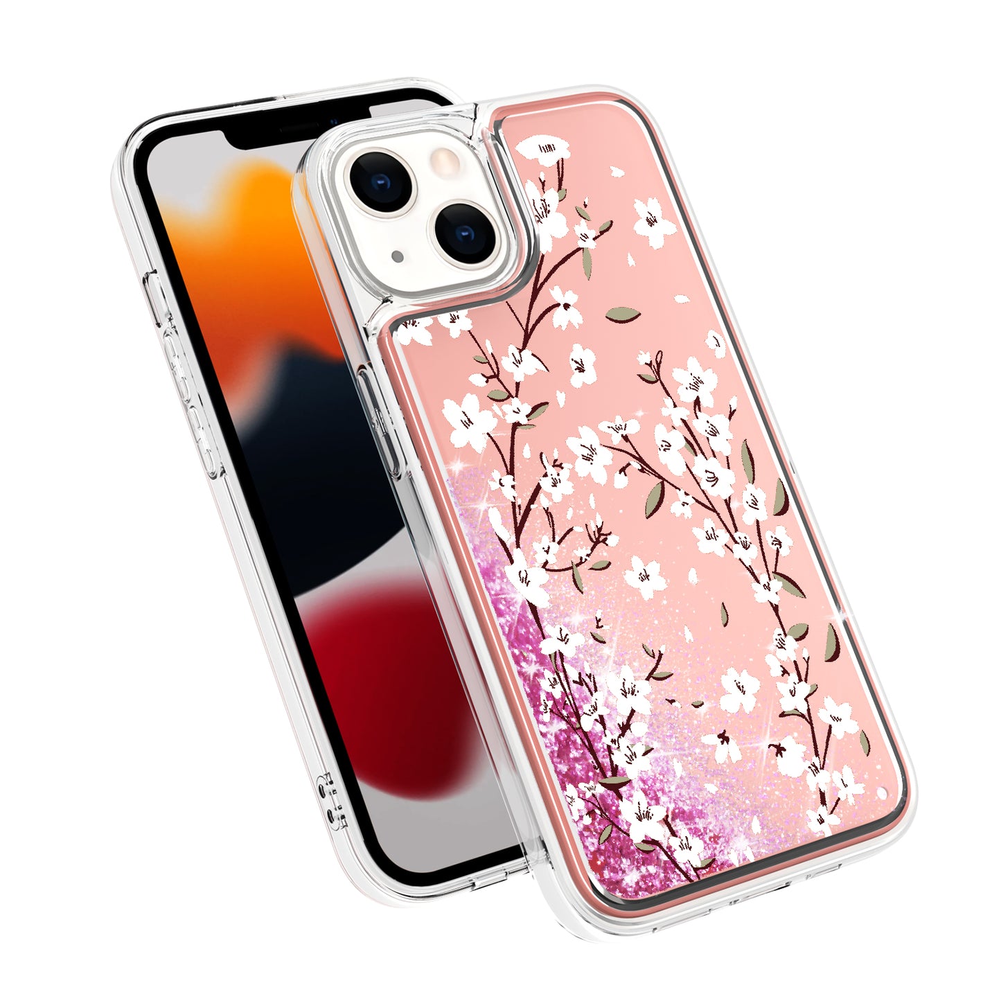 For Apple iPhone 13 /Pro Max Floral Design Quicksand Water Flowing Liquid Floating Sparkle Glitter Bling Flower Fashion TPU Hybrid  Phone Case Cover