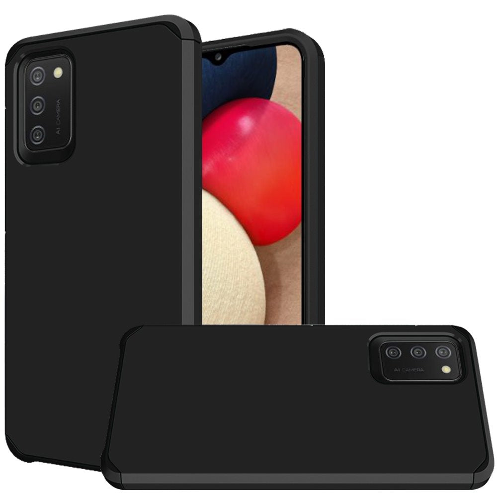 For Samsung Galaxy A02S Ultra Slim Heavy Duty [Dual Layer] Hybrid Shock Proof Protective Rugged Bumper Shell Hard PC + Rubber TPU Black Phone Case Cover