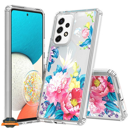 For Samsung Galaxy A23 5G Floral Patterns Design Transparent TPU Silicone Shock Absorption Bumper Hard PC Back  Phone Case Cover