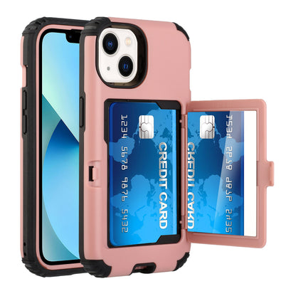 For Apple iPhone 13 /Pro Max Wallet Design with Credit Card Holder and Hidden Back Mirror Stand Heavy Duty Hybrid Shockproof Armor  Phone Case Cover