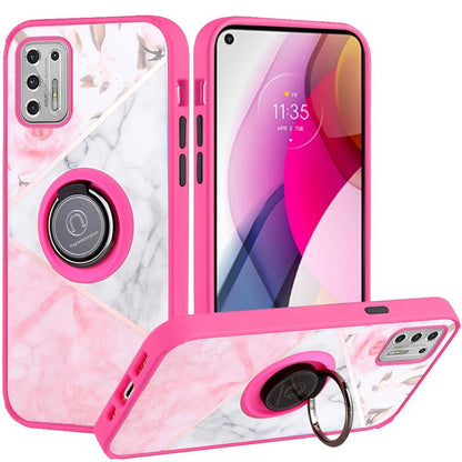 For Motorola Moto G 5G 2022 Marble Design with Magnetic Ring Kickstand Holder Hybrid TPU Hard PC Shockproof Armor Elegant Pink Phone Case Cover