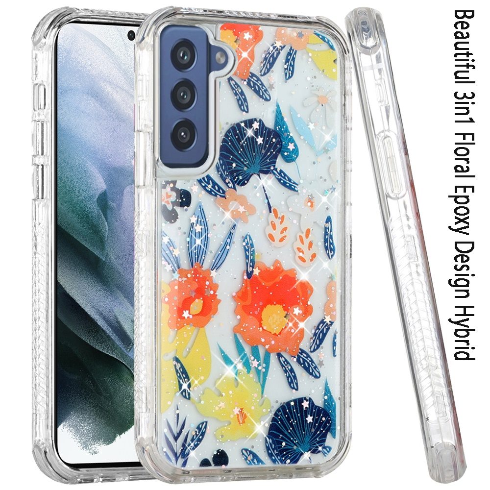 For Samsung Galaxy S21 FE /Fan Edition Sparkle Glitter Floral Epoxy Design Shockproof Hybrid Fashion Bling Rubber TPU  Phone Case Cover