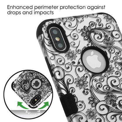 For Apple iPhone XS Max Stylish Hybrid Three Layer Hard PC Shockproof Heavy Duty TPU Rubber Anti-Drop Black Leaf Clover Flower Phone Case Cover
