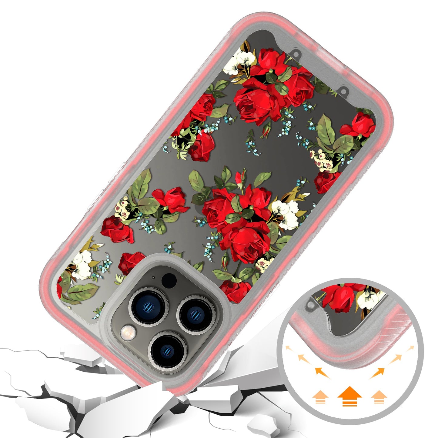 For OnePlus 10T 5G Stylish Flower Design 2in1 Hybrid Dual Layer Armor Hard PC Rubber TPU Shockproof Front Frame Clear Red Roses Phone Case Cover