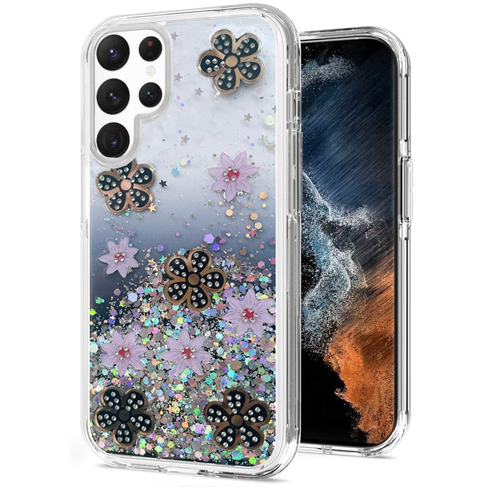 For Samsung Galaxy S22 Ultra Floral Stylish Design Glitter Shiny Hybrid Rubber TPU Hard PC Shockproof Armor Slim Fit  Phone Case Cover