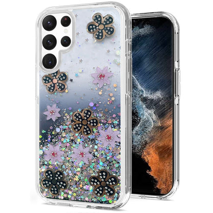 For Samsung Galaxy S22 Ultra Floral Stylish Design Glitter Shiny Hybrid Rubber TPU Hard PC Shockproof Armor Slim Fit  Phone Case Cover