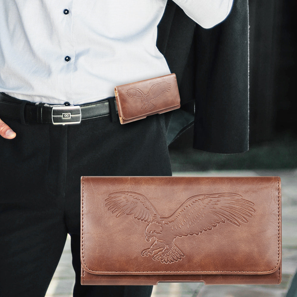 For Samsung Galaxy A23 5G Universal Horizontal Leather Phone Case with Embossed American Eagle Pouch Belt Clip Holster & Magnetic Pouch [Brown]