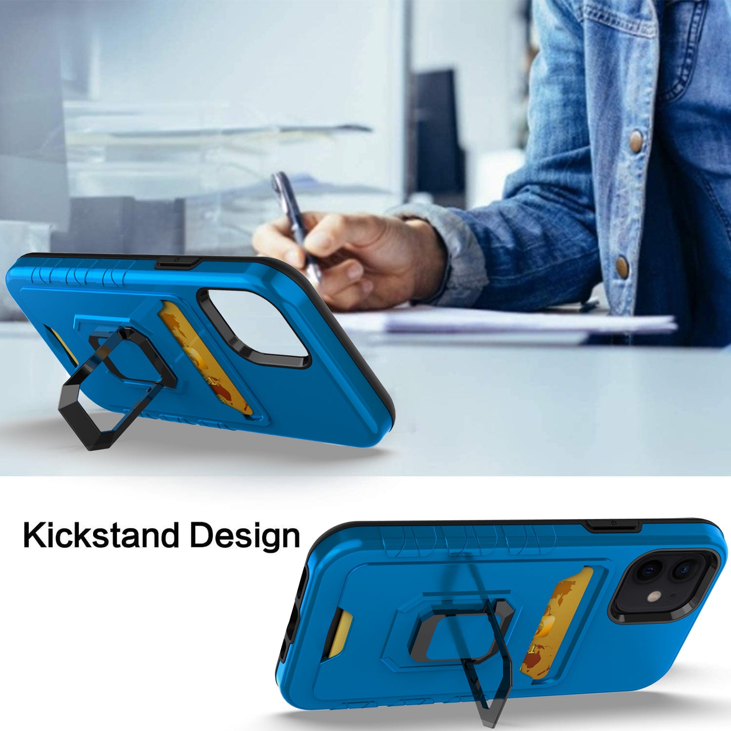 For Samsung Galaxy A02S Wallet Case Designed with Credit Card Holder & Ring Stand Kickstand Heavy Duty Hybrid Armor Blue Phone Case Cover