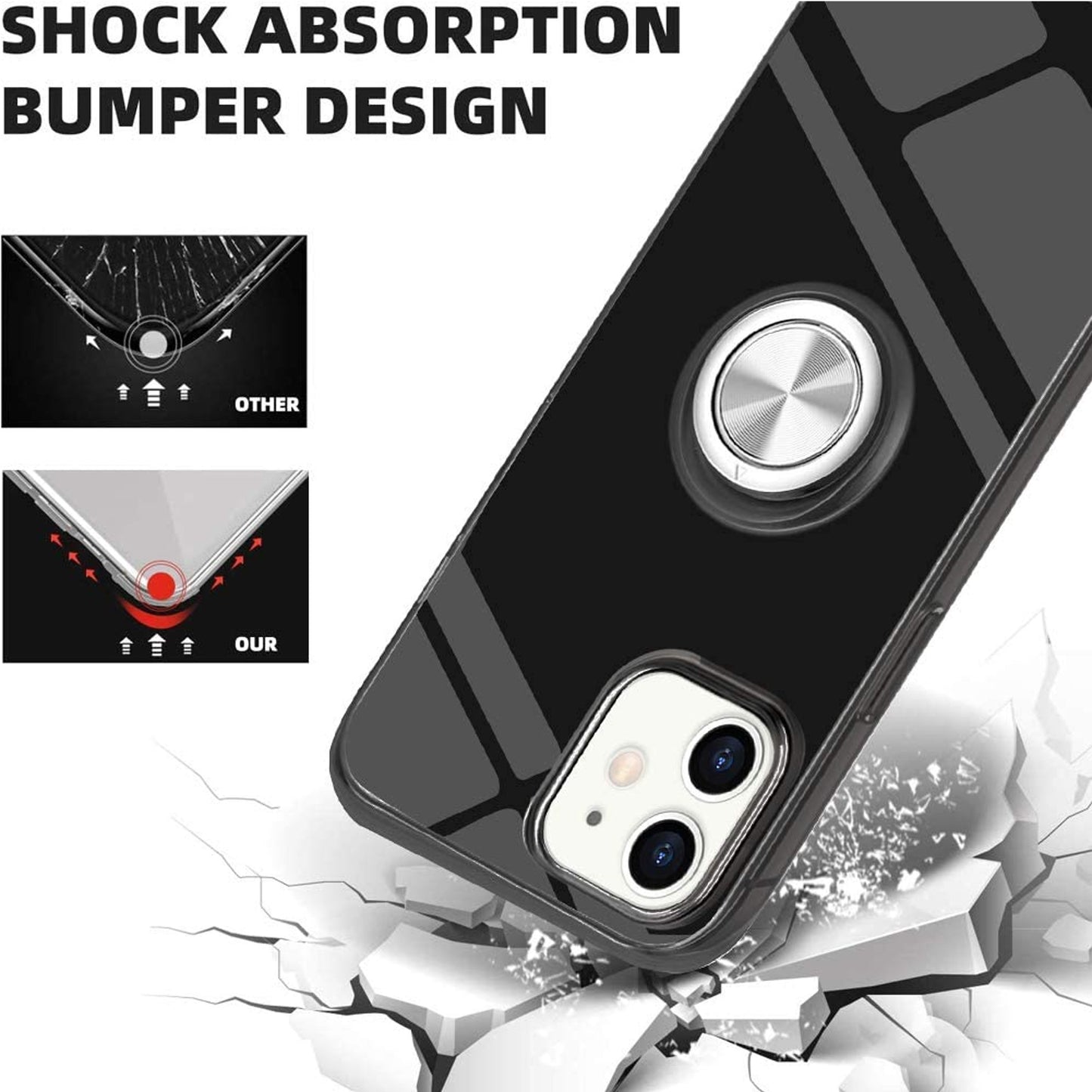 For Apple iPhone 13 /13 Mini/ 13 Pro/ 13 Pro Max Slim Rubber Hybrid 360° Ring Holder Stand Kickstand Fit Car Mount Shockproof Bumper Protection  Phone Case Cover