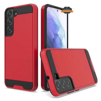 For Samsung Galaxy S22 Slim Rugged TPU + Hard PC Brushed Metal Texture Hybrid Dual Layer Defender Armor Shock Absorbing  Phone Case Cover